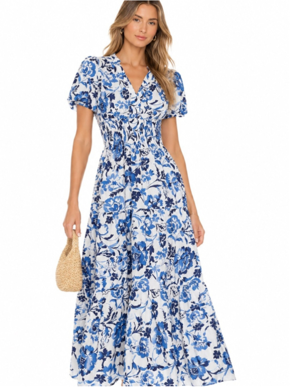 Bellambriana Italy Blue White Floral Smocked Waist Tiered Maxi Dress